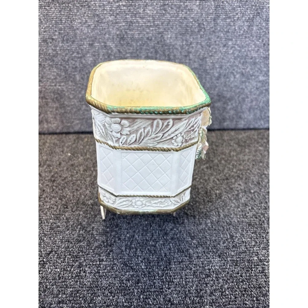 Vtg~Victorian Porcelain Basket Planter/Vase~Roses/Gold